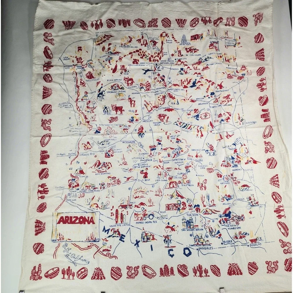Vintage ARIZONA State Pictoral Map Souvenir Tablecloth Table Cover 42x48 1950's